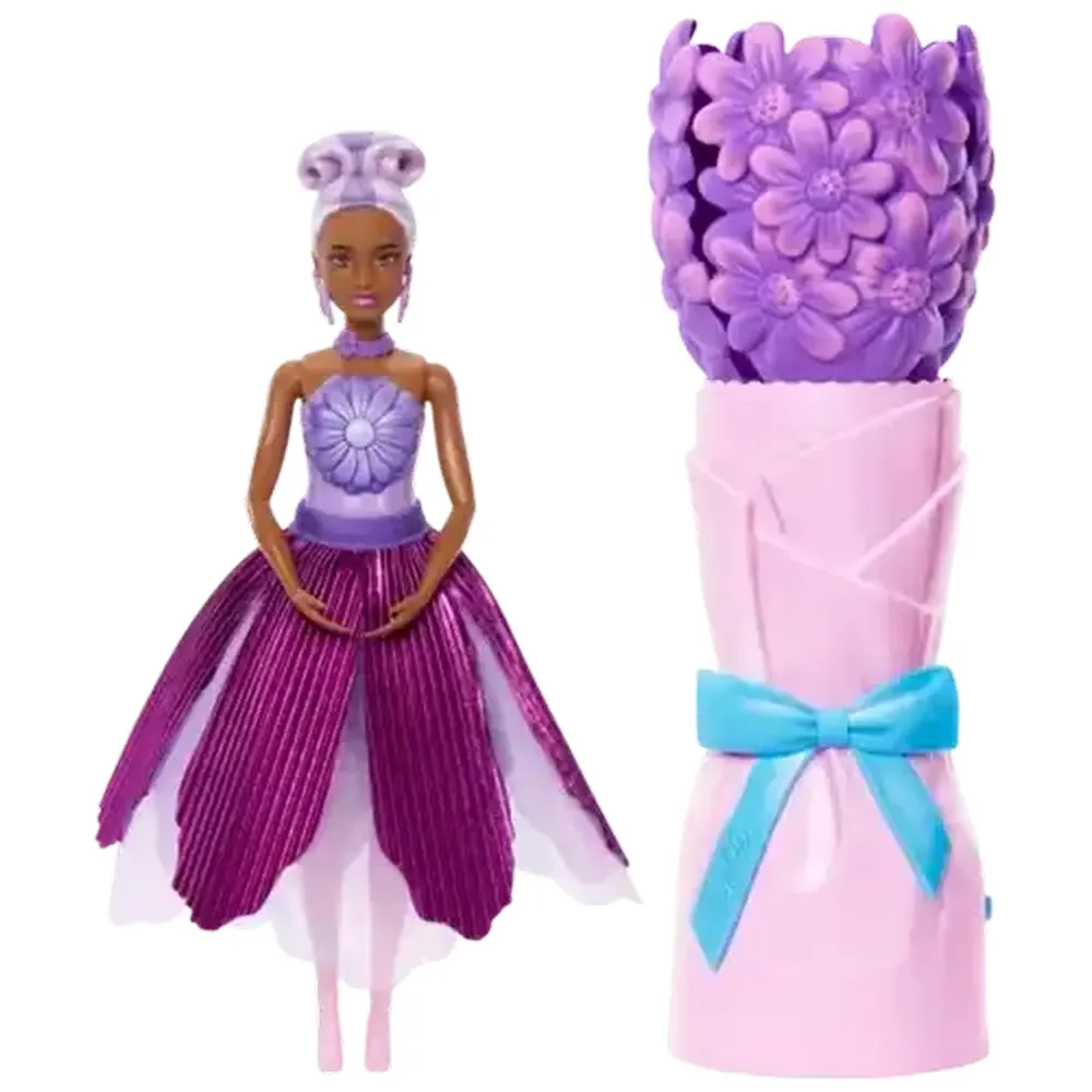 Barbie Petal Pop Scented Doll with Purple Floral Dress & Accessories, Bouquet Reveal with Pet Bunny & Surprises like Watering Can, Necklace & Earrings