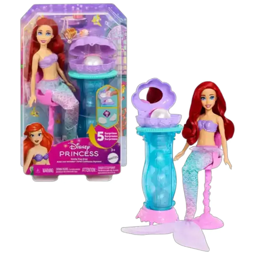 Disney Princess Toys, Ariel Vanity Pop Mermaid Fashion Doll with Removable Tail & Vanity with 5 Repeatable Pop-Up Surprises & 5 Accessories