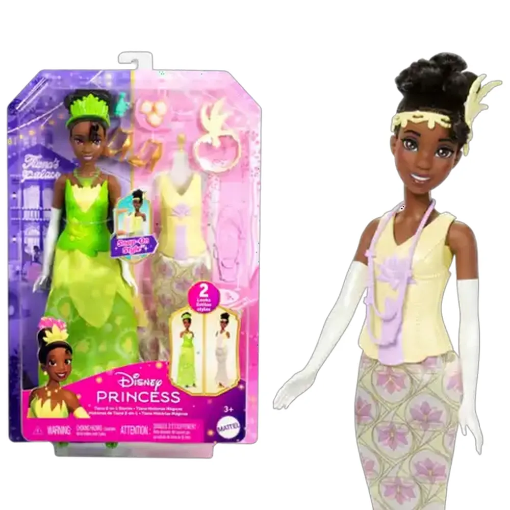 Disney Princess Toys, Tiana Fashion Doll with 2 Looks, 9 Accessories, 2 Snap-On Bodices & 2 Skirts, 2-in-1 Stories Inspired by Disney Movie