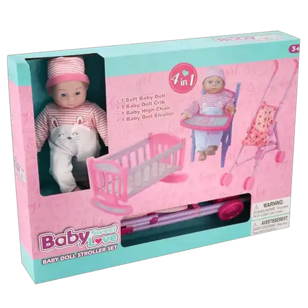 Kid's Concept Caucasian Baby Doll Stroller Set 4-Piece